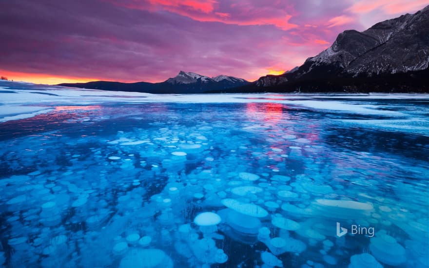 Bubbles in the ice of Abraham Lake in Alberta, Canada