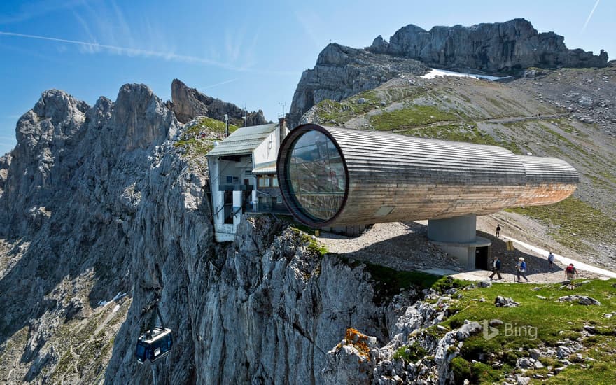 Bergwelt Karwendel Nature Information Center with the mountain station of the Karwendelbahn and the Western Karwendelspitze, Mittenwald, Bavaria